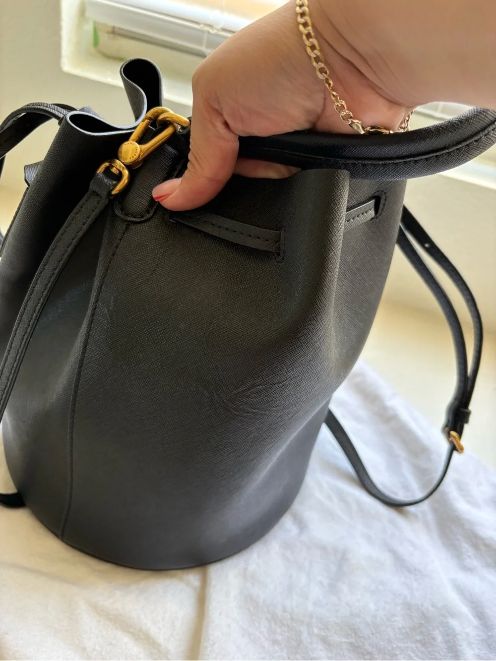 Marc Jacobs Black Leather Drawstring Bucket Crossbody with Gold Hardware